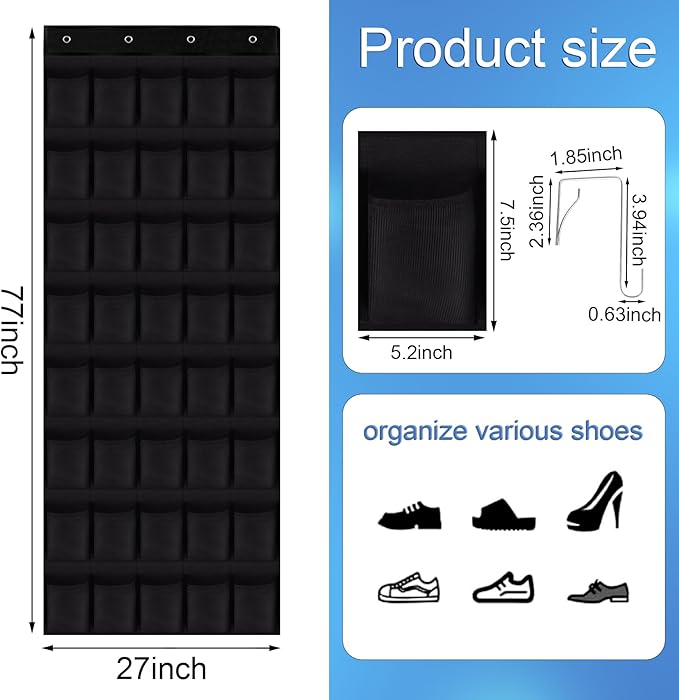 Teikou 40 Mesh Pocket Over the Door Shoe Organizer,Hanging Shoe Rack for Closet Storage Holder for Dorm Room College Classroom Storag(Black)