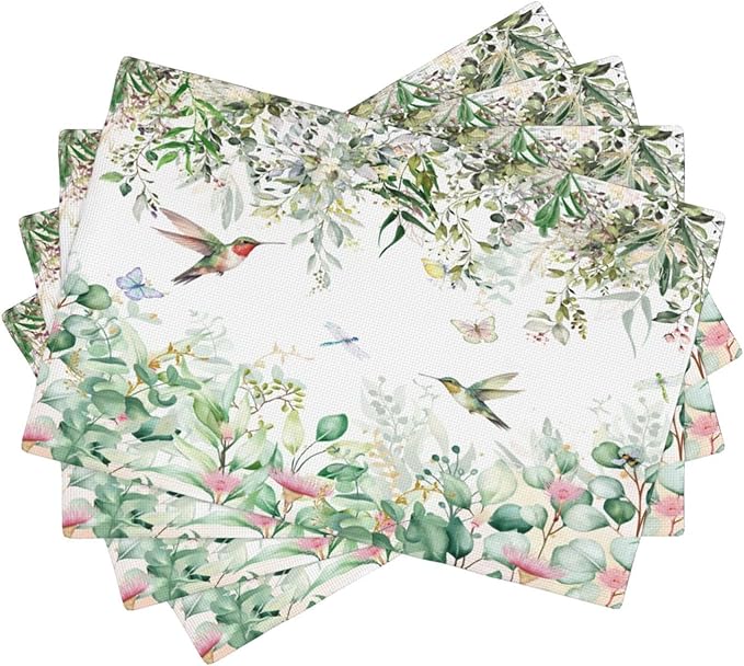 Natural Bird Placemats, Green Spring Watercolour Botanical Flower Butterfly Hummingbird Fly Print Washable Fabric Placemats Table Kitchen Dining Party 12x18 Inch Set of 4
