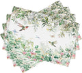 Natural Bird Placemats, Green Spring Watercolour Botanical Flower Butterfly Hummingbird Fly Print Washable Fabric Placemats Table Kitchen Dining Party 12x18 Inch Set of 4