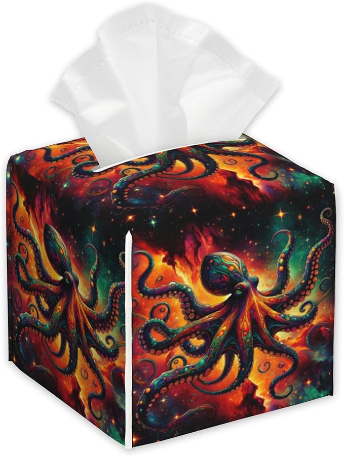 Mystical Octopus Tissue Box Cover,Colorful Galaxy PU Leather Tissue Box Holder Square,Modern Home Decoration for Bathroom Living Room Kitchen Office Car,5.2"×5.2"×5.2"