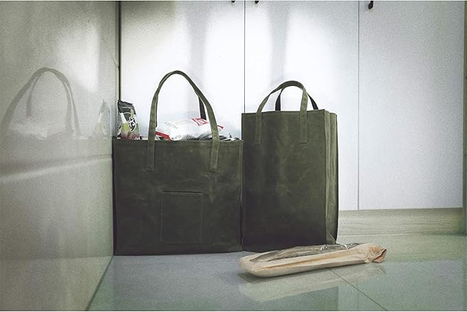 Kaaltisy Waxed Canvas Reusable Grocery Bag Heavy Duty Waterproof Shopping Bag Well Self-standing Sturdy Farmers Market Bag, Wide, Hard Handfeel