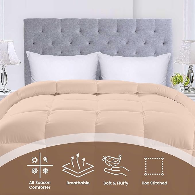 Utopia Bedding Comforters Twin Size, All Season Duvet Insert, Down Alternative Box Stitched Bed Comforter with Corner Tabs, Machine Washable (Beige)