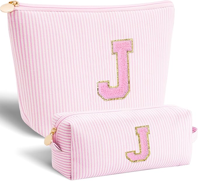 Btffitting Monogrammed Gifts for Women - Cosmetic Bag for Teen,Initial Cute Makeup Bag Set for Women,Trendy Pouch for Niece Sister Friend Female Her,Birthday Gifts for Daughter - Pink,J