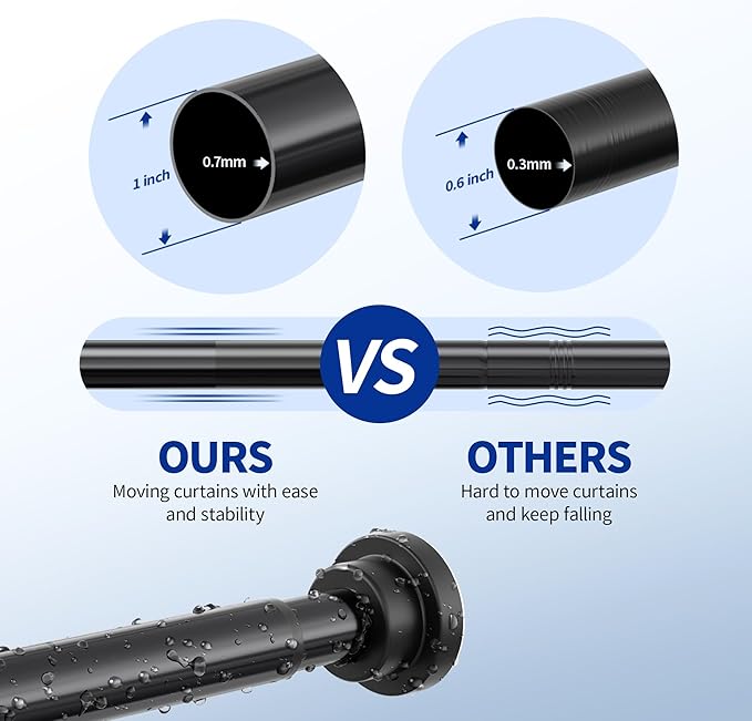 Mcrbeay Shower Curtain Rod, 1" Diameter Heavy Duty Tension Shower Rod, Non Slip Adjustable 28-46 inch No Drilling Shower Curtain Rods Spring Tension For Bathroom, Shower Stall, No Rust, Black