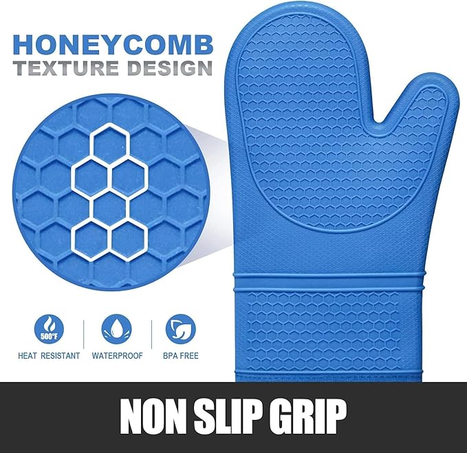 Rorecay 6pcs Oven Mitts and Pot Holders Sets for Kitchen, Extra Long Non-Slip Silicone Oven Gloves Heat Resistant 500 Degrees Potholders Hot Pads for Baking Cooking, Quilted Liner, Lake Blue