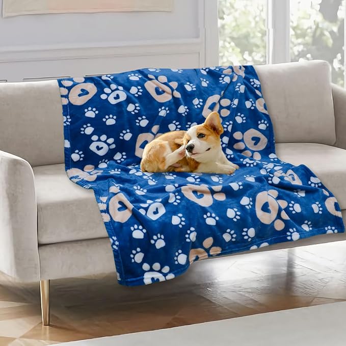 Gowyeg Dog Blanket, Soft Fleece Dog Blankets for Small Medium Dogs, Fluffy Flannel Pet Cat Puppy Blanket Mat Cover for Bed Couch, Cute Paw Print Throw Blanket for Dogs, Blue, 40"X30"