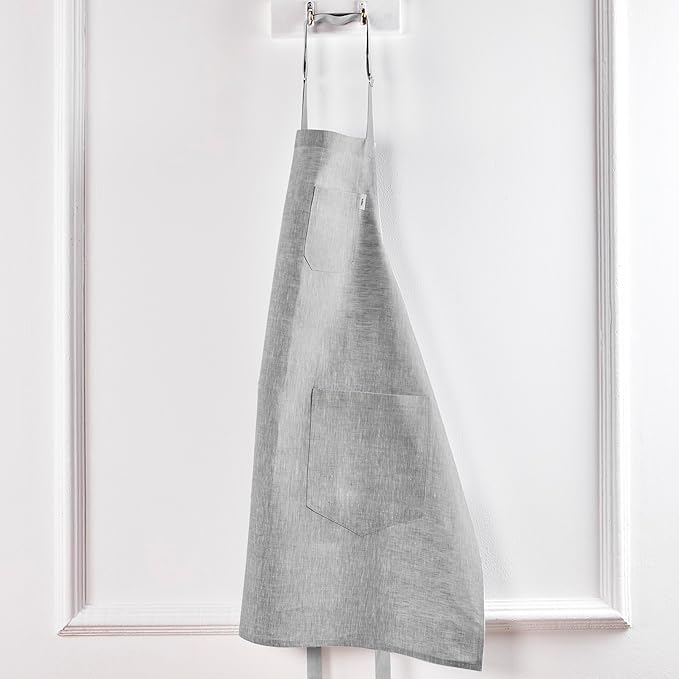 Solino Home Linen Bib Apron for Men & Women - 33 x 30 Inch Kitchen Apron with Front Pockets - Handcrafted from European Flax