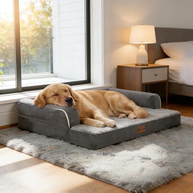 Casa Paw Orthopedic Dog Beds for Large Sized Dogs, Waterproof Egg Crate Foam Large Dog Couch Beds with Comfy Bolster 36x27Inch, Washable Pet Beds with Removable Cover and Nonskid Bottom, Dark Grey