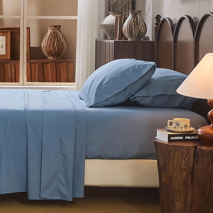 100% Linen Sheet Set Queen Size Extra Deep Pocket Fits 18-24 Inch Mattress, Breathable & Soft, Smooth 4-Piece Set for Thick Mattresses Hotel Luxury Bedding（Queen, Dusty Blue）