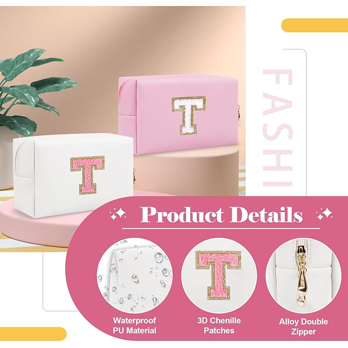 Personalized Makeup Bag Initial A-Z Preppy Patch Bag,Small PU Leather Travel Cosmetic Bag Pouch with Zipper,White Cute Toiletry Bag,Gift Ideal for Teen Girls Women Birthday Friend Mom,Letter T