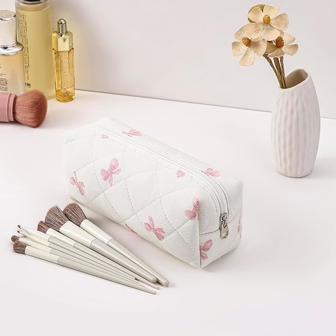 WHHJM Cute Floral Makeup Brush Bag Small Cotton Quilted Cosmetic Bag for Women Travel Toiletry Zipper Make Up Pouch (Pink Small Bowknot)