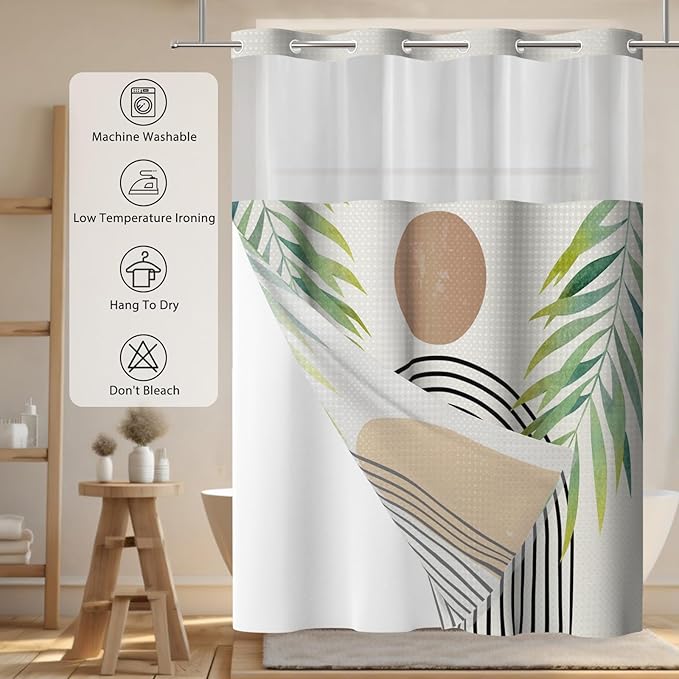 GICDSU No Hook Shower Curtain with Snap in Liner, Waffle Shower Curtain Set for Bathroom, Mid Century Style with Semi-Sheer Top Window, Waterproof & Washable, 71" W x 86" L