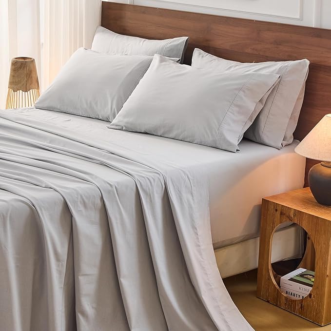 Bedlifes 100% French Flax Linen Sheets Set California King Size-6 Piece Extra Deep Pocket 18-24",Soft Breathable Cal King Bed Sheets with Temperature Regulating & Moisture-Wicking(Grey