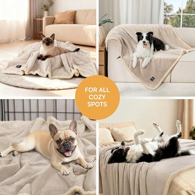 Waterproof Pet Blanket, Liquid Pee Proof Dog Blanket for Sofa Bed Couch, Reversible Sherpa Fleece Furniture Protector Cover for Small Medium Large Dogs Cats, Grey Beige Small（40" x 28"）