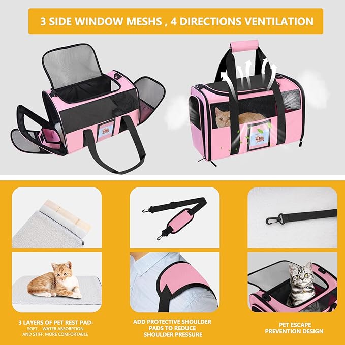 Seclato Cat Carrier Pet Carriers Airline Approved for Small Dogs Kitten Carriers for Small Medium Cats Under 15lb, Collapsible Soft Sided TSA Approved Travel Carrier, Pink