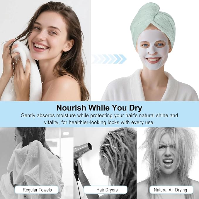 AGKXHDEC 2 Packs Single Layer Microfiber Hair Turbans - Drying Wrap for Women (Brown,Light Green)