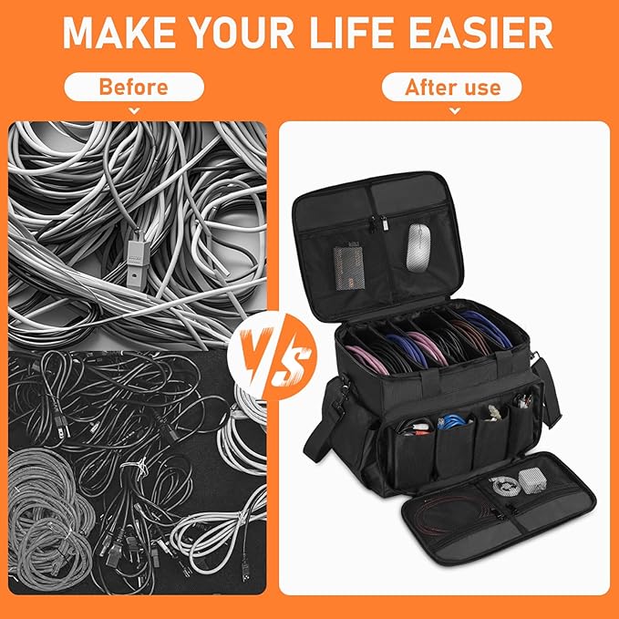 IBVIVIC DJ Cable File Bag with 6 Detachable Dividers High Capacity Gig Cable Bag for Cords,DJ Gear,Sound Instrument and Accessories, Black