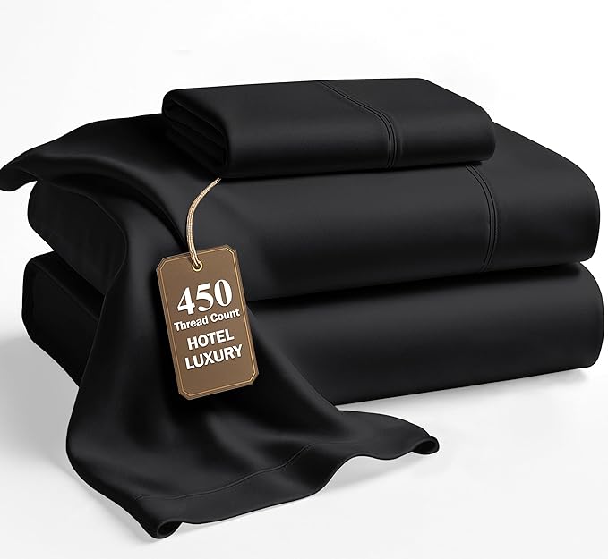 LANE LINEN Twin Size Bed Sheets – 450 Thread Count Cooling & Soft Sateen Weave, 100% Cotton Sheets with 15” Deep Pocket Fully Elasticized Fitted Sheet, Hotel Bedding, Black