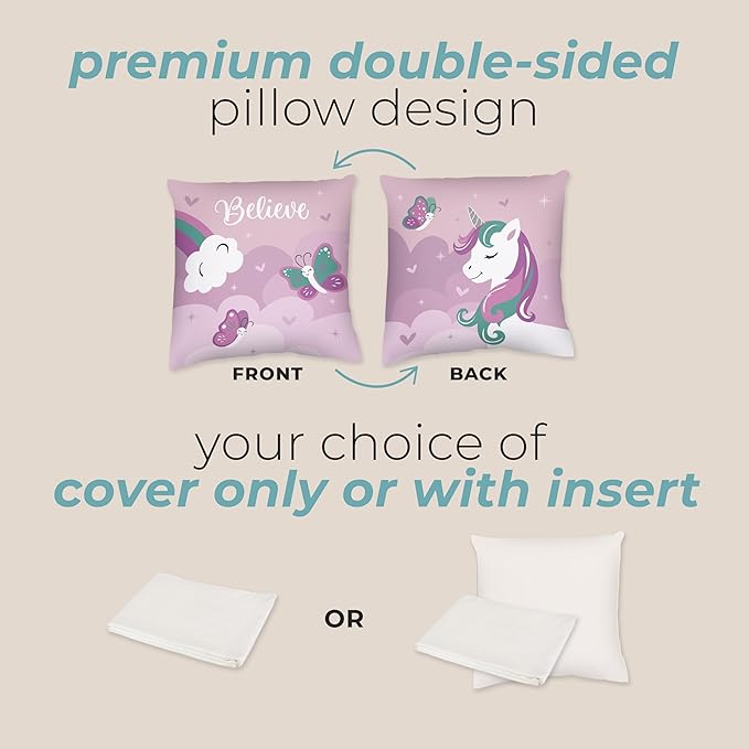 Kids Unicorn Throw Pillow - 20" x 20" - Double-Sided Printing - Includes Insert - Kids Bedroom Accent Pillow - Nursery Decor - Printed in USA