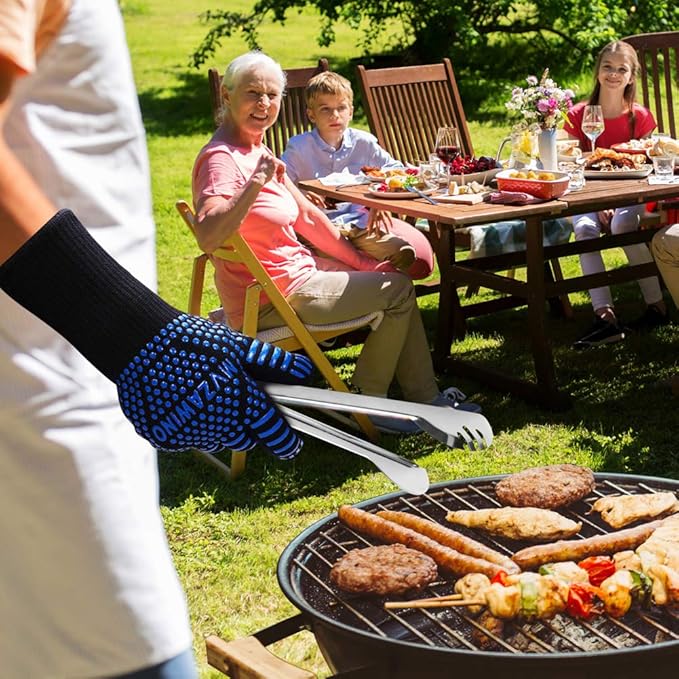 Premium BBQ Gloves, 1472°F Extreme Heat Resistant Oven Gloves, Grilling Gloves with Durable Fireproof Kitchen Oven Mitts Designed for Cooking, Grill, Frying, Baking, Barbecue (Blue+Black)