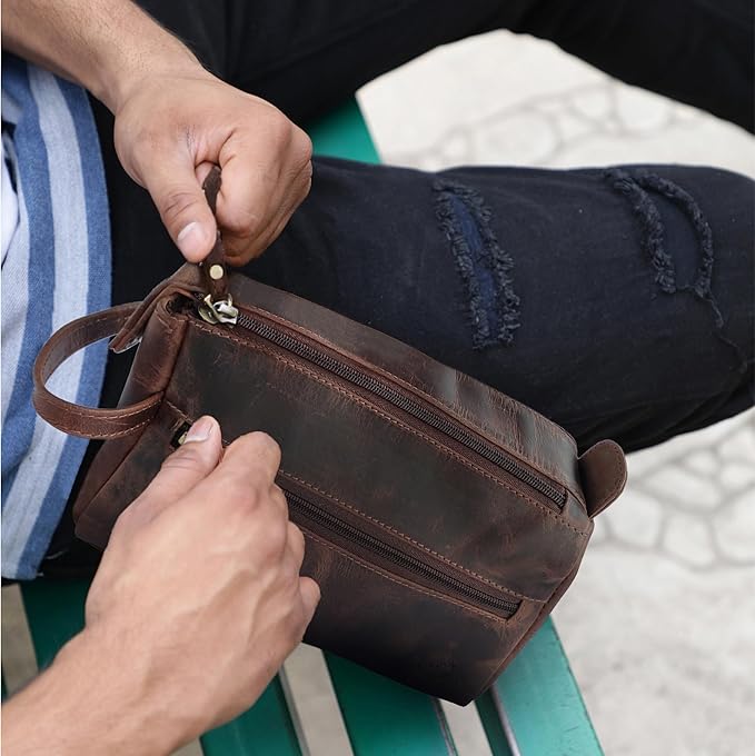 Rustic Town Leather Wash Bag for Men - Travel Toiletry Bag - Shaving Dopp Kit Toiletries Organizer - Leather Makeup Bag for Women