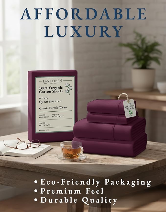 LANE LINEN 100% Organic Cotton Sheets Queen Size, Classic Percale Weave Fully Elasticized Breathable Queen Cotton Sheet Set, Machine Washable Soft & Comfy Queen Sheet Set - Windsor Wine