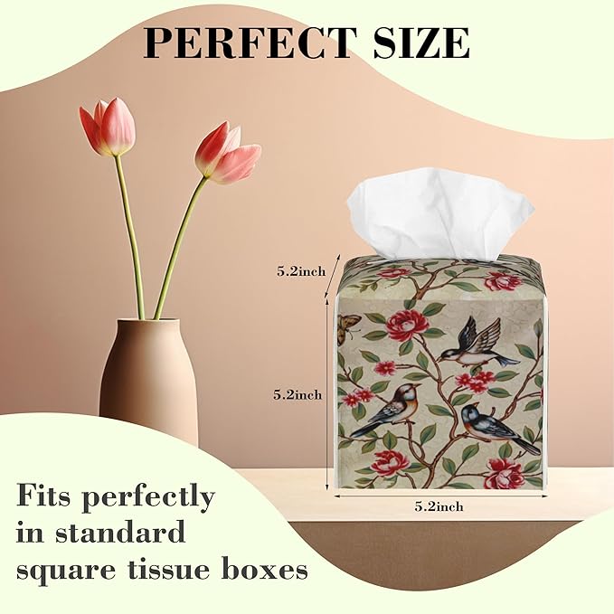 Pink Floral Butterfly and Bird Tissue Box Cover Square Leather Tissue Holder Waterproof Facial Paper Organizer Dispenser Cube Paper Cover Case for Home Office Bathroom Vanity Countertop