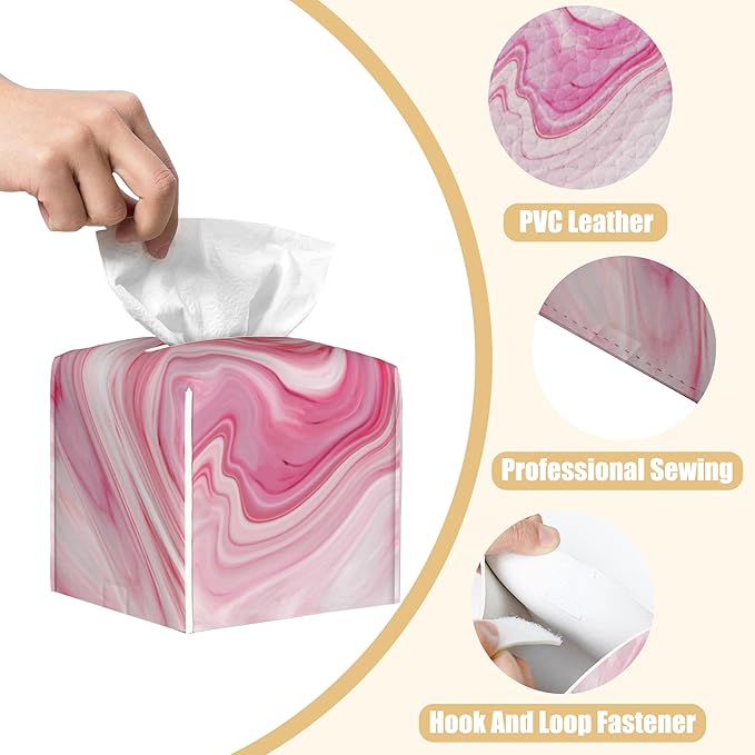 BLYKVGHQ Pink Liquid Marble Tissue Box Cover Square, Tissue Box Holder with Bottom Belt Leather Facial Paper Organizer Dispenser for Bathroom Bedroom Dresser Night Stand Tabletop