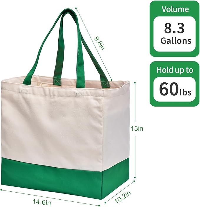 CNaiyunpin Canvas Reusable Grocery Bags, Heavy Duty 8.3 gal Foldable Large Canvas Tote Bag, Holds 60 lbs, 1 Pack