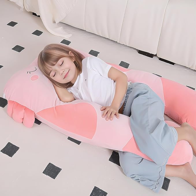 MLdian 47x23 inch U Shaped Long Plush Body Pillows for Kids, Stuffed Animal Axolotl Soft Large Pillow for Sleeping, Big Cute Plushies, Washable Cover, Gift for Boys and Girls