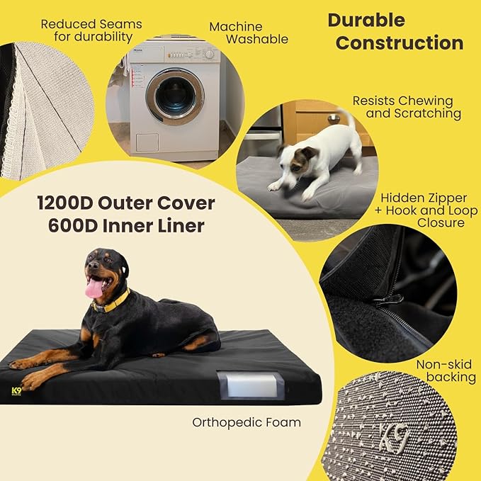 K9 Ballistics Tough Ripstop Orthopedic Rectangle Dog Bed Removable Washable Cover, Solid Orthopedic Foam for Size XXL Giant Big Dogs 68"x40", Light Gray Velvet