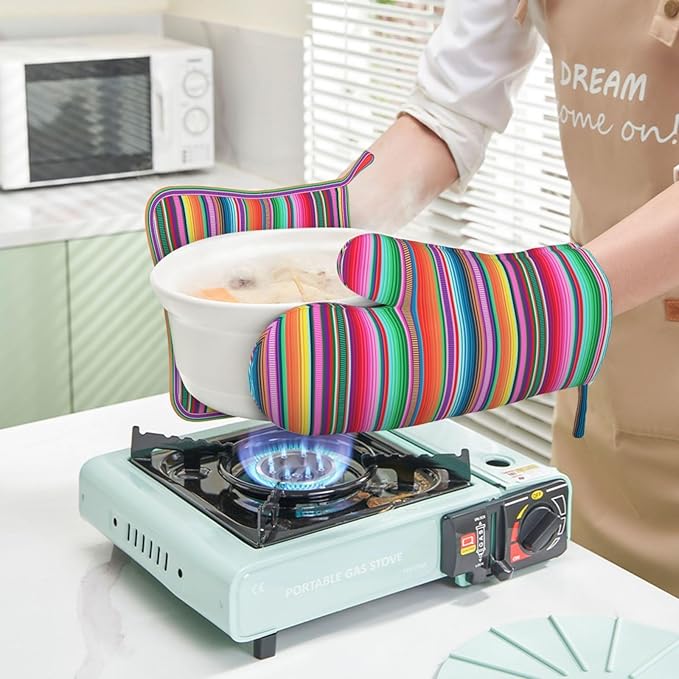 Mexican Colorful Stripe Oven Mitts Pot Holders Set Silicone Vertical Lines Bright Colors Kitchen Oven Mitts Heat Resistant Potholders Non-Slip 4pcs Hot Pads and Oven Gloves Sets for BBQ