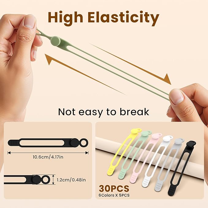 30 Pcs Silicone Cable Ties, Reusable Data Cable Organizer Wire Organizers for Office, Multipurpose Elastic Cord Wraps Cable Management for Charging Cord,Appliances,Home,Office,Kitchen,School,Travel