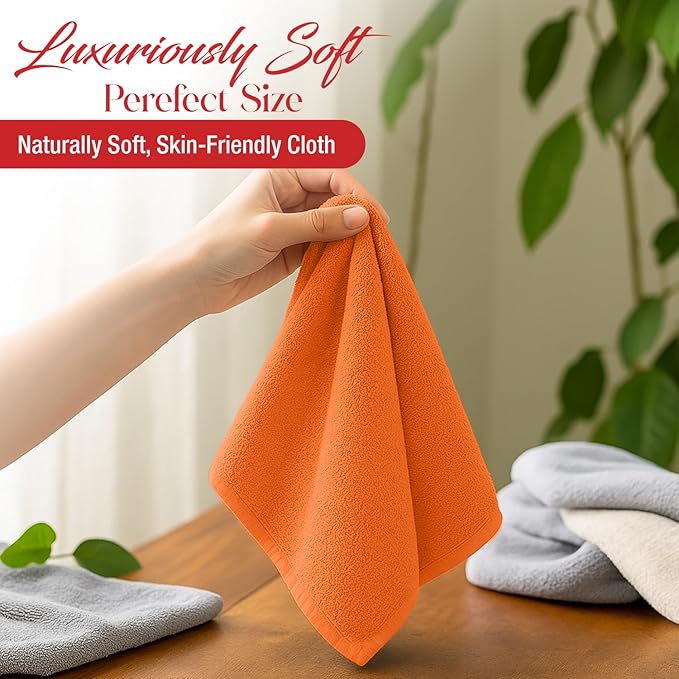 RIVERSIDE 12 Pack Washcloths - 12x12 Inches, 500 GSM, 100% Ring-Spun Cotton - Soft, Absorbent & Durable Face and Body Towels - for Bathroom, Spa, Gym, Makeup Removal & Everyday Use - Orange