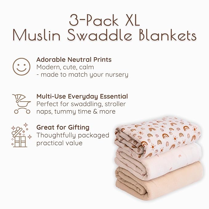 Muslin Swaddle Blankets Baby Blanket Set, 3 Pack 47"x47" Breathable Swaddles for Newborns, Soft Baby Swaddle Blanket Girl Boy, Muslin Blankets and Swaddles for Babies, Nursery Gift Set Neutral Rainbow