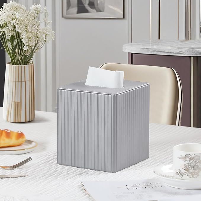 MEIBOOCH PU Leather Tissue Box Cover Square, Rectangle Tissue Box Holder with Magnetic Closure, Decorative Tissue Holder for Bathroom Bedroom Office (Silver, Square)