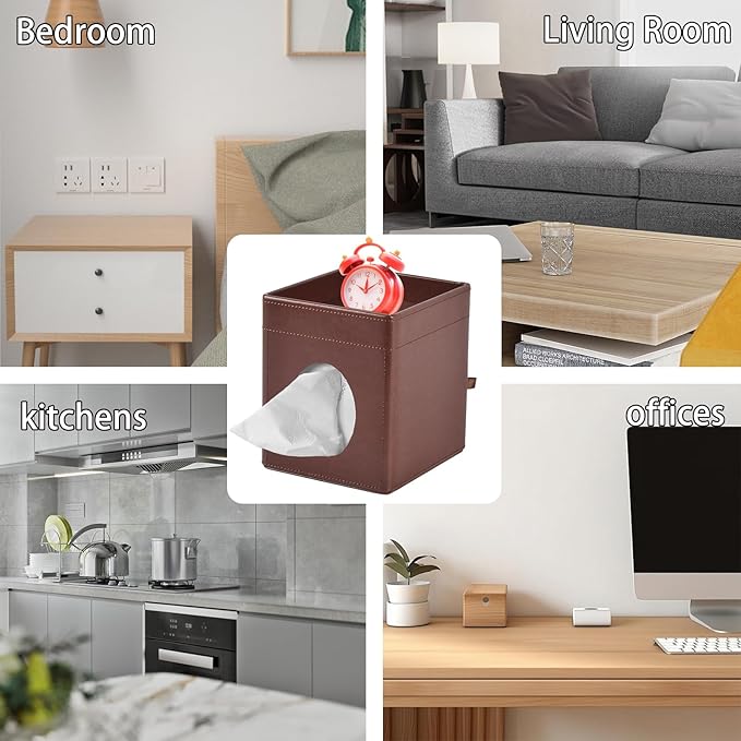 XNONE Tissue Box Cover Square Tissue Box Holder PU Leather Facial Tissues Organizer with Storage Tray for Bathroom Vanity Bedroom Office Car,Stylish Napkin Caddy Decorative Organizer (Brown)