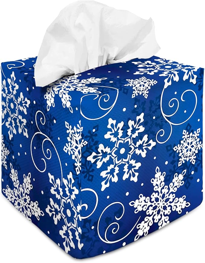Tissue Box Cover Square Decorative Tissue Box Holder Cute Funny Cube Tissue Case Cover-Xmas Decor Snowflake Tissue Box Cover