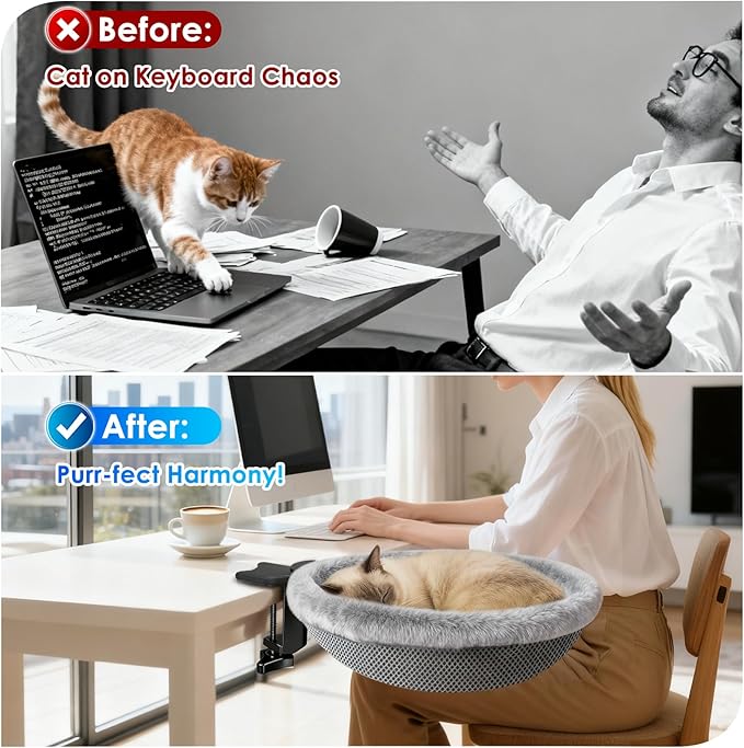 IPOW Heavy Duty Steel Frame 180° Rotating Cat Desk Bed Semi-Circular Cat Bed, Soft Faux Rabbit Fur Material, Suitable for Various Desktops-Maximum Hold Up to 40lb