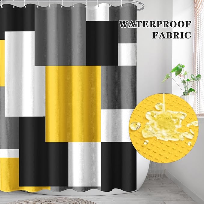 Culudea Geometric Yellow White Shower Curtain Set, Black and Gray Modern Bathroom Window Waterproof Shower Curtain Set for Bathroom Decor