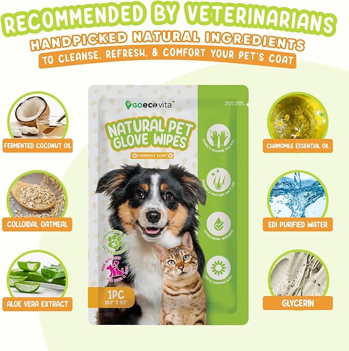 GoEcoVita Pet Glove Wipes for Dogs & Cats | Nourish & Clean Fur & Skin | Coconut Oil & Chamomile Rinse-Free Wipes | Bathing Glove Wipes for Daily Care and Travel | Natural, Hypoallergenic (8 Pack)