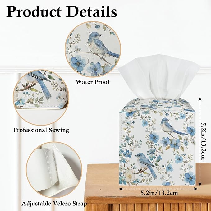 Blue Bird and Flower Tissue Box Covers Square, Leather Tissue Box Holders Decorative for Car Nightstand Home Office Bathroom Organizer, Square Facial Paper Organizer Home Decor -012
