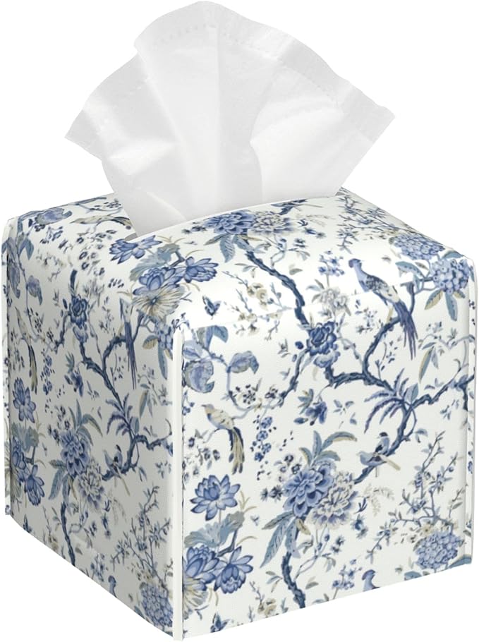 POIUBLE Blue Flower and Bird Tissue Box Cover Leather Tissue Box Holder Square Facial Paper Organizer Dispenser for Bathroom Kitchen Bedroom Vanity Countertop Night Stands