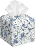 POIUBLE Blue Flower and Bird Tissue Box Cover Leather Tissue Box Holder Square Facial Paper Organizer Dispenser for Bathroom Kitchen Bedroom Vanity Countertop Night Stands