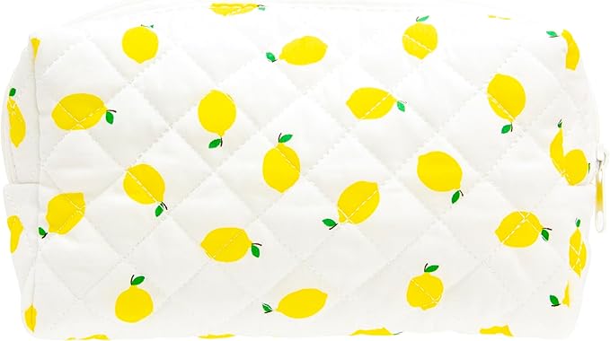PAZIMIIK Vintage Quilted Makeup Bag Cosmetic Pouch for Brushes Pencils and Travel Make Up Accessories for Women and Girls Lemon White