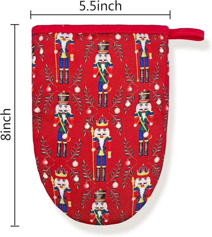 Christmas Nutcracker Toy Soldiers King Mini Silicone Oven Mitts, Heat Slip Resistant Kitchen Gloves 2-Pack Set, Soft Short Small Oven Mittens Pot Holders for Baking Grilling Barbecue Microwave Gift