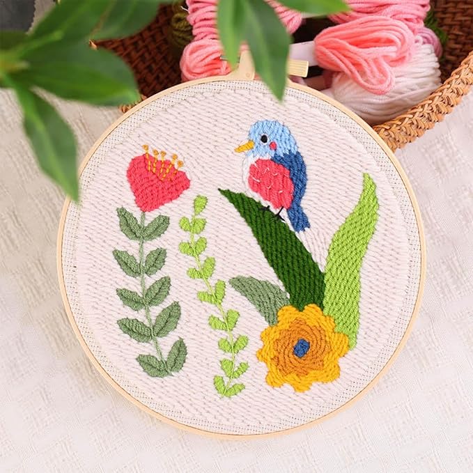 Allazone 3 Set Embroidery Starter Kits for Beginner, Butterfly and Bird Punch Needle Kit with Instruction, Plastic Hoop, Yarns and Embroidery Handle Needle Pen