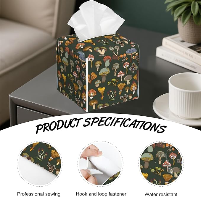 Colorful Mushrooms Tissue Box Cover,PU Leather Tissue Box Holder Square,Modern Home Decoration for Bathroom Living Room Kitchen Office Car,5.2"×5.2"×5.2"