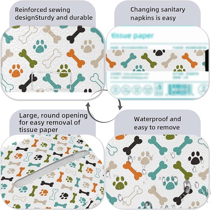 2 Pack Colored Dog Cat Paw Footprint and Bones Tissue Box Cover - Tissue Box Holder, Decorative Tissue Box for Vanity Toilet Tank Dresser Night Stand Table Countertop Office Car