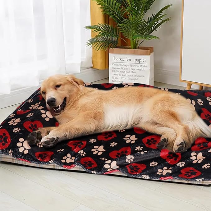 Gowyeg Dog Blankets for Large Dogs, 50"x40" Blanket Washable, Fuzzy Soft Pet Mat Throw Cover for Kennel Crate Bed, Cute Paw Pattern, Cat Blanket, Gifts Medium Small Pet Essentials, Black Red